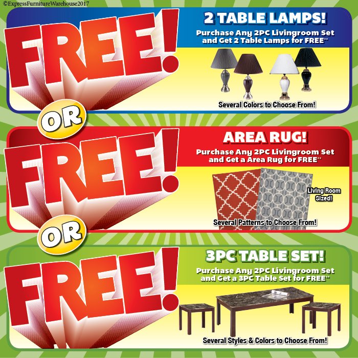 ShopEFW's tweet photo. FREE Lamps! or FREE Rug! or FREE Table Set!...When you purchase any 2pc living room set! Quantities Limited! Come visit a warehouse today! https://t.co/xm8fUMx0nQ