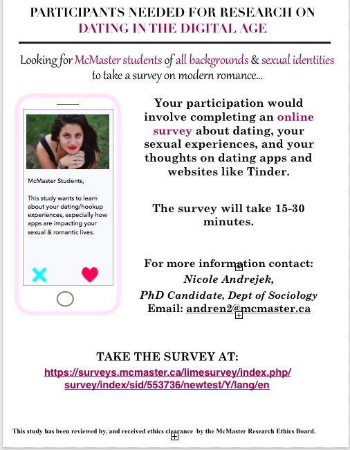 MacDatingStudy's tweet image. What dating/hookup apps are you using? Which ones do you like/hate? I want to know, take the survey at:
surveys.mcmaster.ca/limesurvey/ind… #McMaster