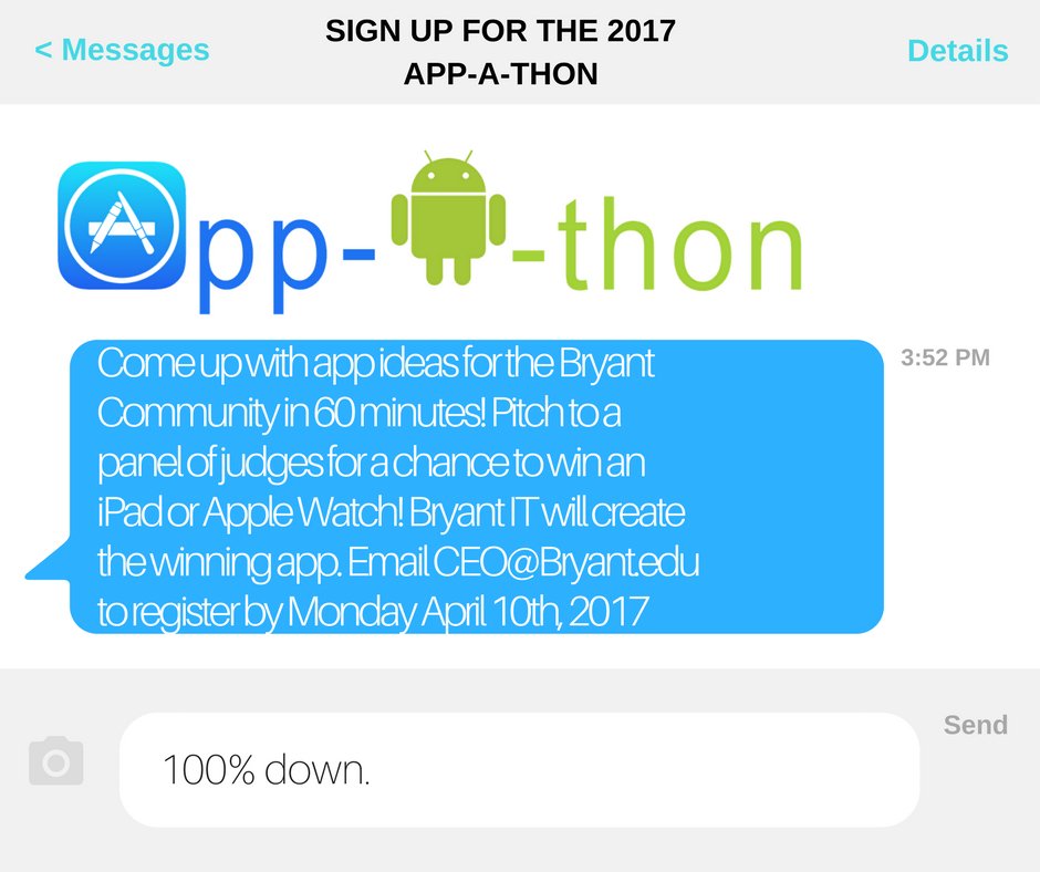 Sign up for the #Appathon on April 12! This is your chance to leave a lasting mark <a href="/BryantUniv/">Bryant University</a>. Come up with an app that makes a difference!