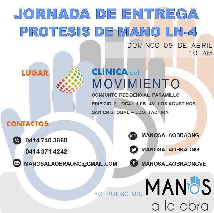manosalaobraong's tweet photo. Próxima Jornada de Entrega de Prótesis de Mano LN-4 !! Domingo 09 de Abril - 10AM #ln4ve #tiendetumano #venezuela #tachira #manosalaobra https://t.co/nmJBYBzN52