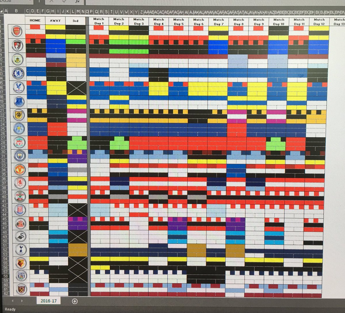 kit_geek's tweet photo. So this is how's it's looking so far... up to Match 12! Thanks again to @MainManRamsey for the inspiration with this!! #EPL #footballcolours https://t.co/bWnmrau9W4