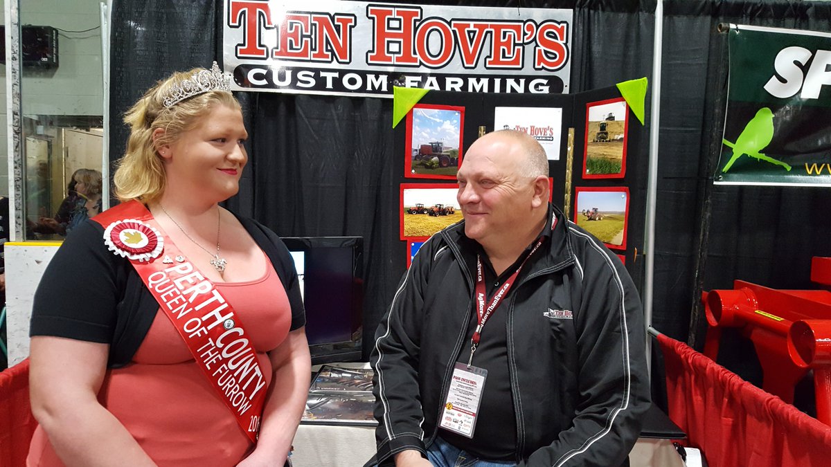 DairyXPO's tweet photo. Perth County 2017 Queen of The Furrow and Bill Ten Hove of Ten Hove's Custom Farming have a great visit!  #dairyxpo https://t.co/LS18BCdJ4G