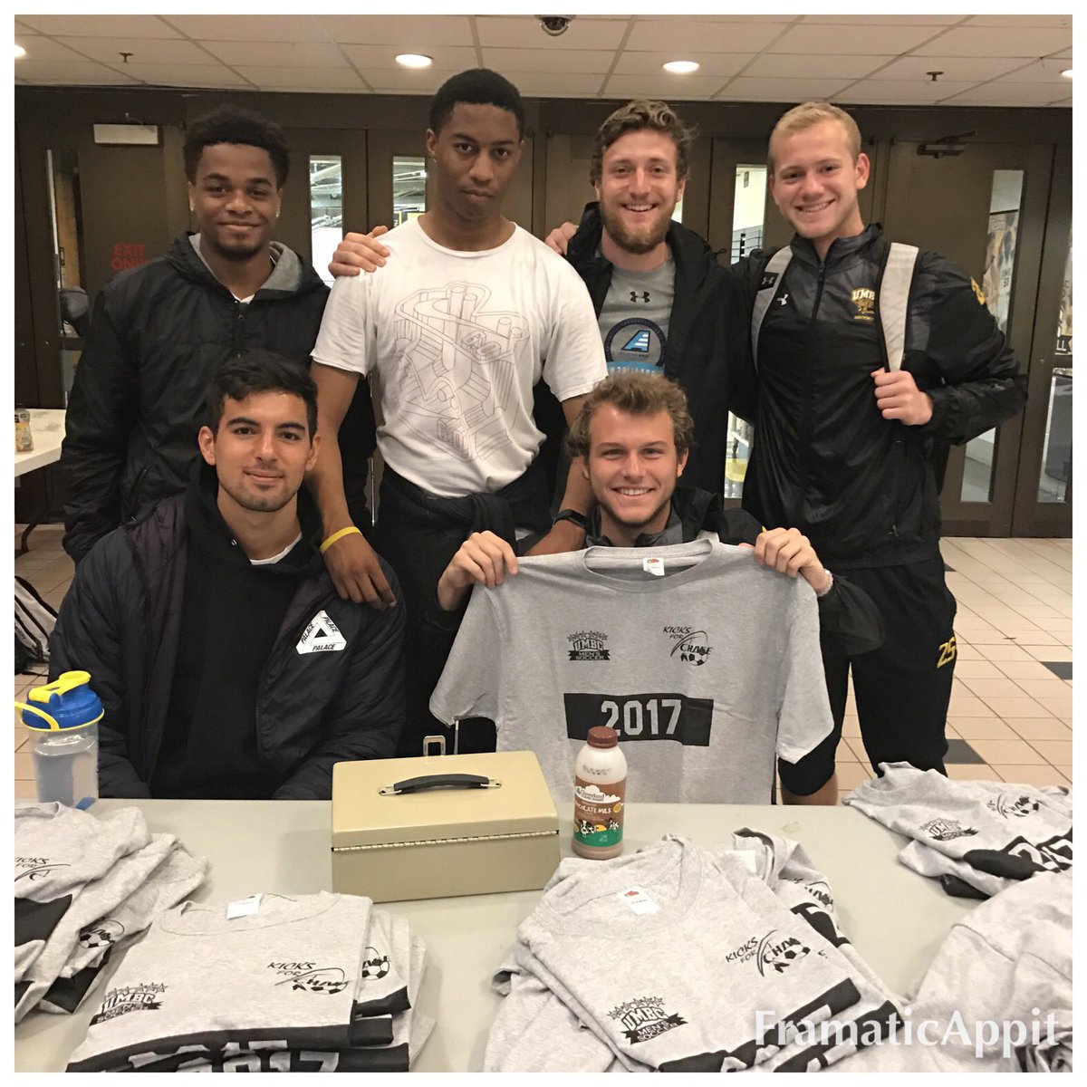 UMBCMensSoccer's tweet photo. Who wouldn't want to buy a T from these guys? 11-3 Today in the RAC #5bucks #KicksForChase #GreatCause @UMBCAthletics @TheArcNCR https://t.co/XFSYXzNr4b