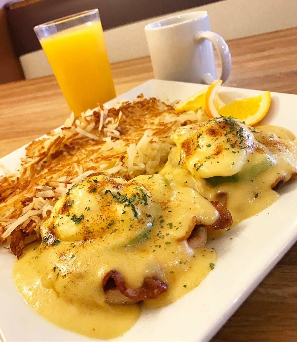 ABC 🍳 Benedict! includes 🥑 🥓 and 🧀! Served with hash browns. Enjoy with your morning coffee and a refreshing glass of orange juice!