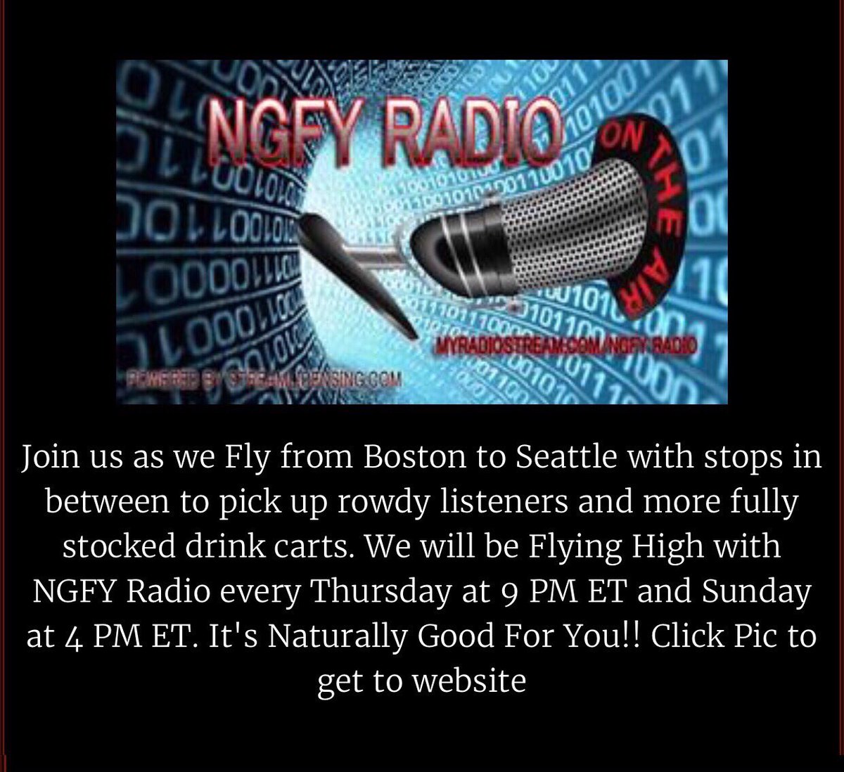 jcrradioshow's tweet photo. Tune in tonight at 9 ET as we prepare the party plane for takeoff!! There are plenty of great shows on @NgfyRadio so tune in for all of them https://t.co/jEtcLwTmjZ