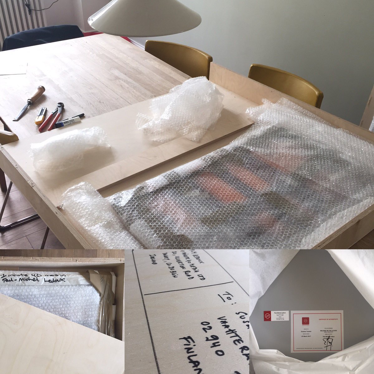 Happy &amp; proud! 
Two photos (1mx1m &amp; 50cm x 75cm) in their crate ready to leave for a client in Finland.