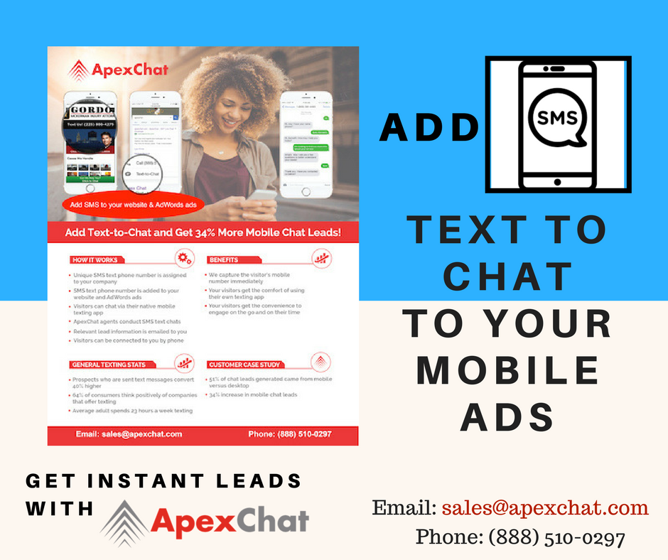 ApexChat's tweet photo. Want #instantleads? Add #SMStext to your #website and #GoogleAdwords and #MobileAds. https://t.co/kjNcgkq5vC 
sales@apexchat.com https://t.co/8nIqY1NbyG
