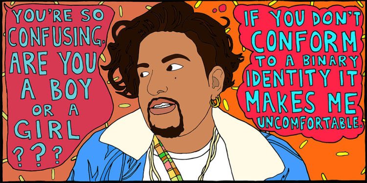 dola0554's tweet photo. Artist Chucha Marquez has a series that shows what people say to non-binary people vs what the subtext. #pacificuanthro https://t.co/dQ99KuE8pU
