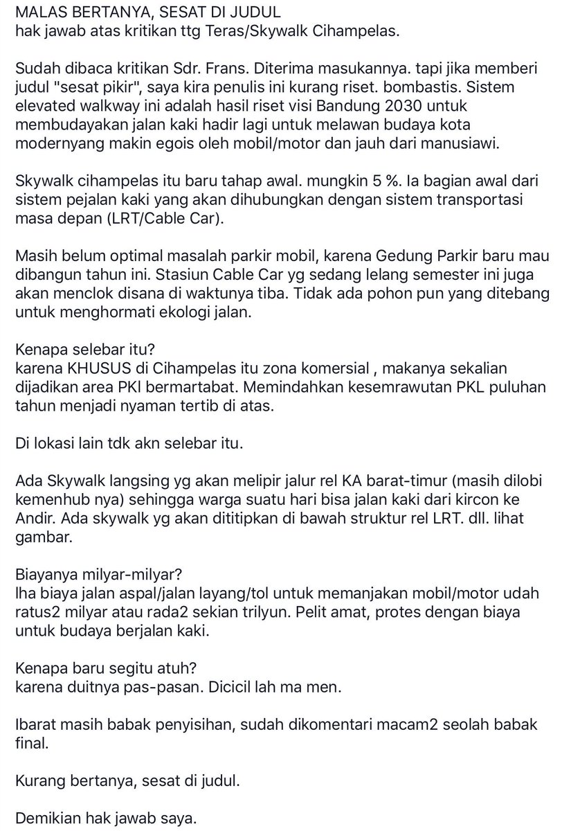 ridwankamil's tweet photo. Hak jawab saya terkait kritikan Teras/Skywalk Cihampelas di Geotimes. https://t.co/P5EERZylS7