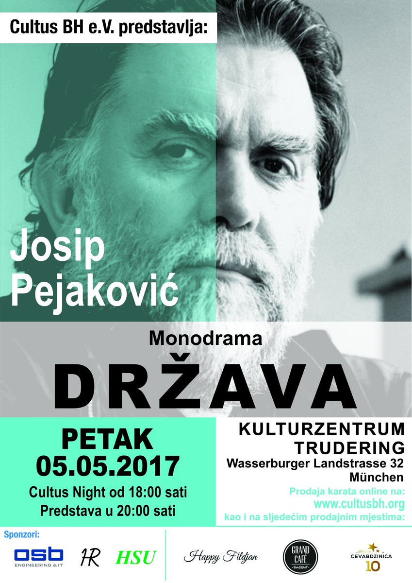 CultusBH's tweet photo. Cultus BH predstavlja monodramu "Država" Josipa Pejakovića, 05.05.2017 Kulturzentrum Trudering, München #cultusbh #bih #minhen https://t.co/ivnSgHzSh8