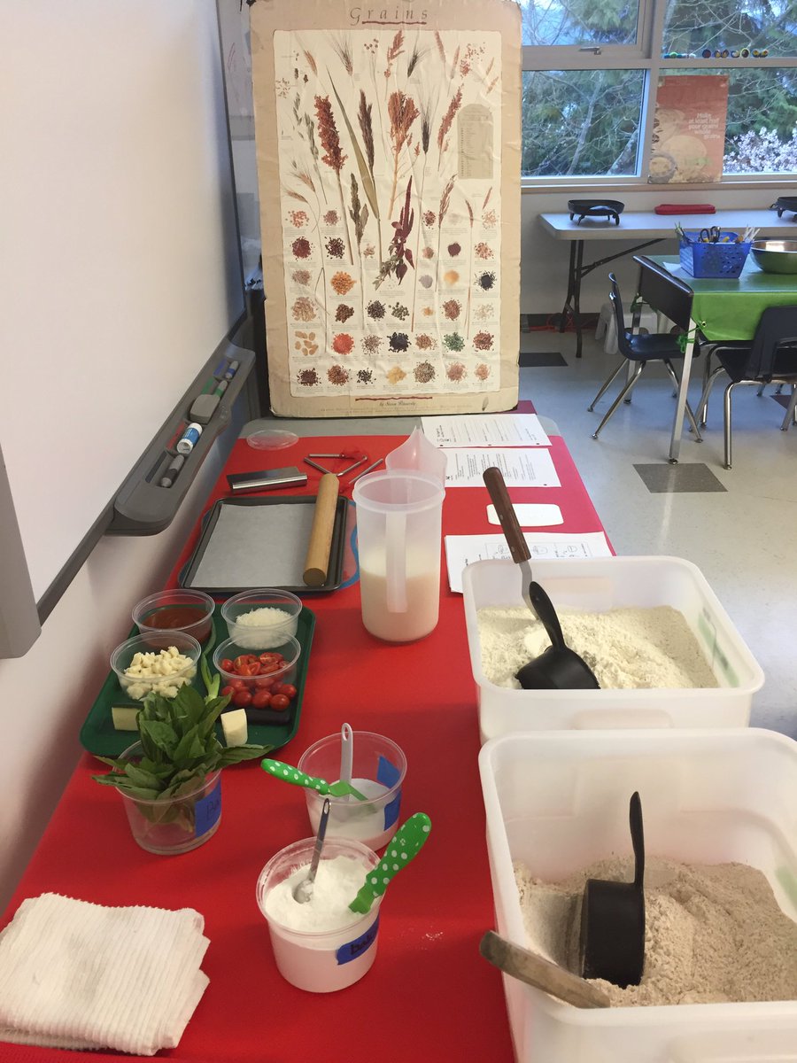 All set up for pizza day with the Gr.2/3 chefs @VSB39 @QMElementary . Everything in its place #miseenplace . #keencooks are ready to cook.