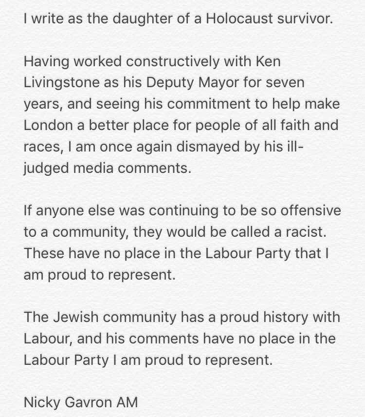 I write below as the daughter of a Holocaust survivor and have signed the Jewish Labour Movement Open Letter regarding Ken Livingstone.