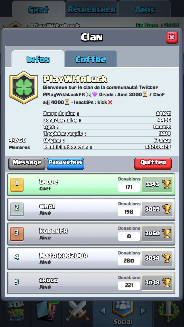 PlayWithLuckFR's tweet photo. Nouveauté dans le clan pour obtenir un grade : Aîné +3000tr, Chef adjoint +4000tr ! 🍀💪 https://t.co/AVVIYKFcp1