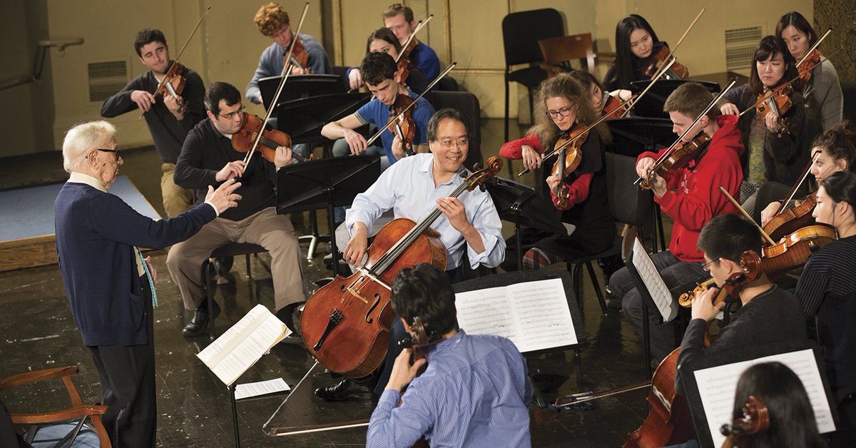 yalemusic's tweet photo. #ThrowbackYSM Aldo Parisot, @YoYo_Ma, and the Yale Philharmonia rehearse Haydn Cello Concerto No. 1 in 2015. More: https://t.co/n6pyf9SH3U https://t.co/2iywyogT5m