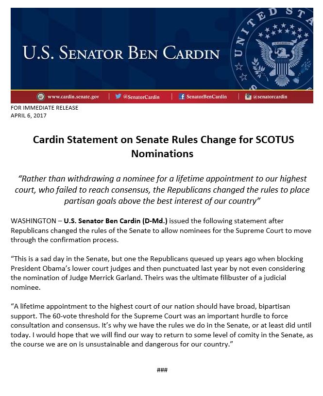 SenatorCardin's tweet image. This is a sad day for the Senate. Eliminating the filibuster w/ the #NuclearOption was not necessary. Compromise on #SCOTUS nominee was.
