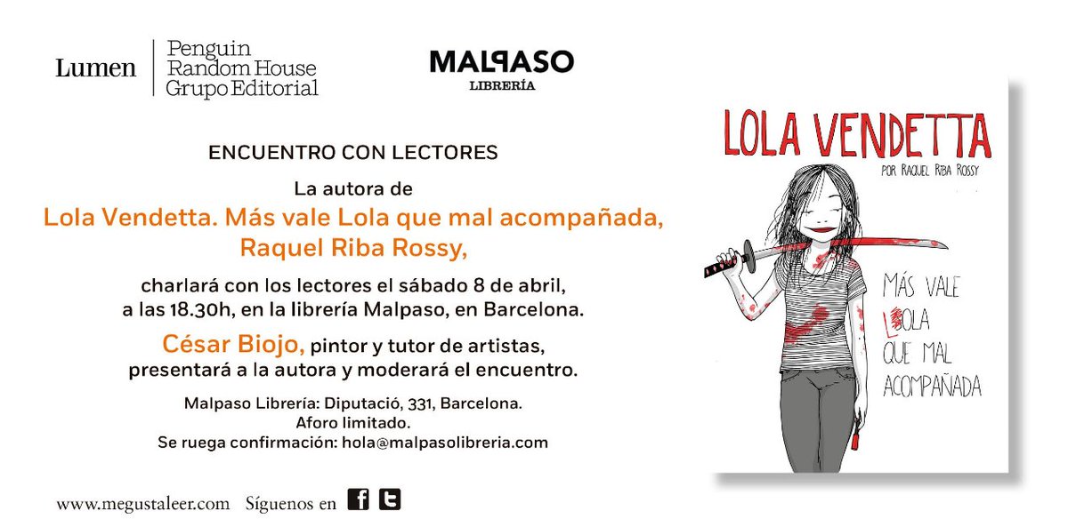 LumenEdit's tweet image. ¡Mañana sábado! @lola_vendetta y MÁS VALE LOLA QUE MAL ACOMPAÑADA, con @CesarBiojo, en @Malpasolibreria: