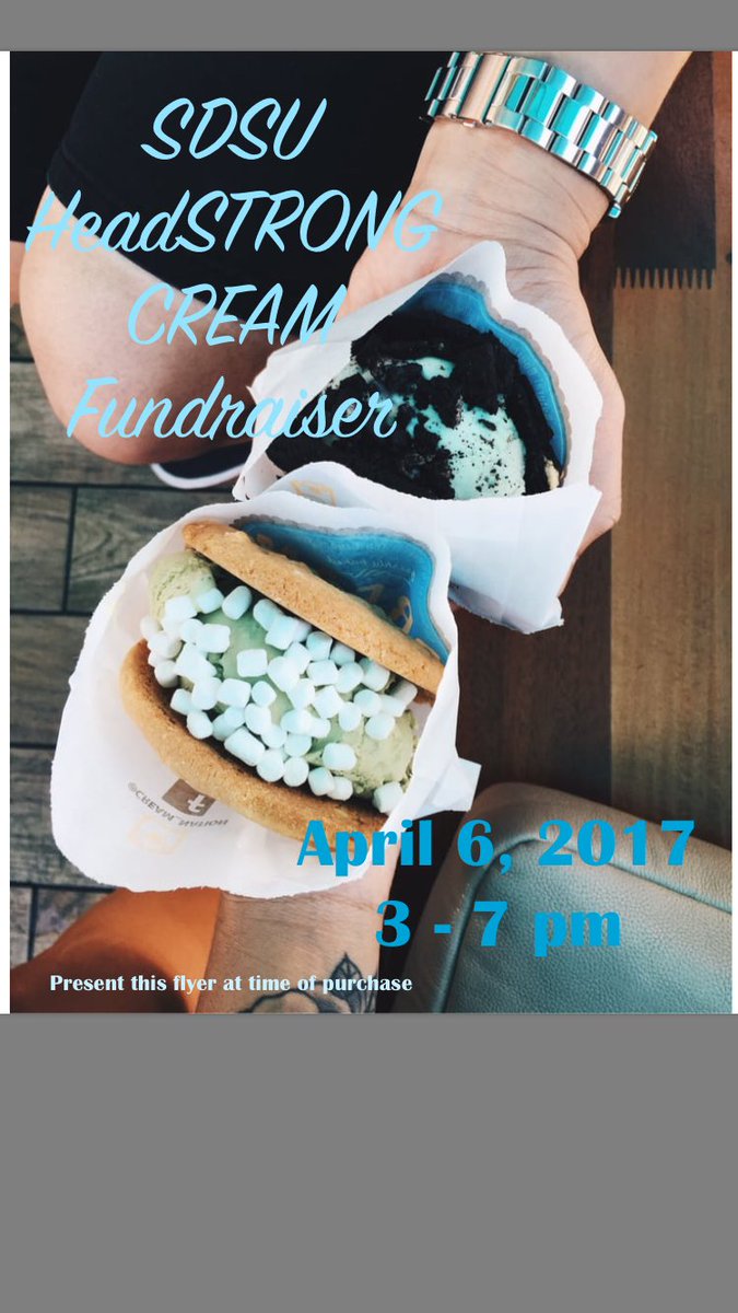 SDSUHeadstrong's tweet photo. Stop by Cream TODAY NOW UNTIL 7PM and show them this flyer when purchasing to help support HeadSTRONG🍦🍪 https://t.co/4vUw4klCjc