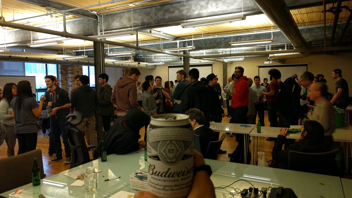 DevFoCheap's tweet photo. Time to get weird @lighthouse_labs Toronto #demoday! 
#LHLdemoday #nonalcoholic #techbob https://t.co/BNYLua3B0h