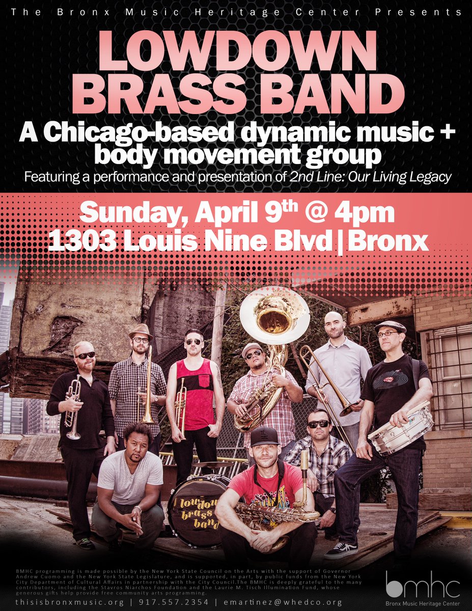This Sunday 4/9 Get your groove on w/<a href="/Lowdownbrass/">Lowdown Brass Band</a> Band &amp; MC <a href="/billacamp/">Billa Camp</a> @BMHCLab! 🎺🎷💃#NYCFree #FamilyFriendly Info: bit.ly/2mDbQmU
