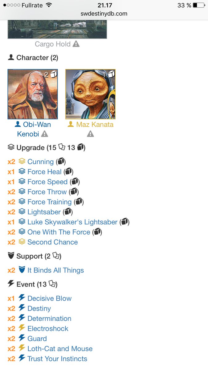 RadiantXela's tweet photo. My awesome ObiMaz deck! Had so much fun playing this, and it hits like a truck! #swdestiny #herocontrol https://t.co/Z6wJPpUXDf