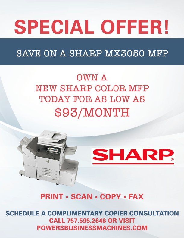 PowersBM's tweet photo. Our special offer for the month of April, call us 757.595.2646. #powersbusinessmachines #sharp #sharpcopiers #officesupplies https://t.co/u7cuLXGPeT
