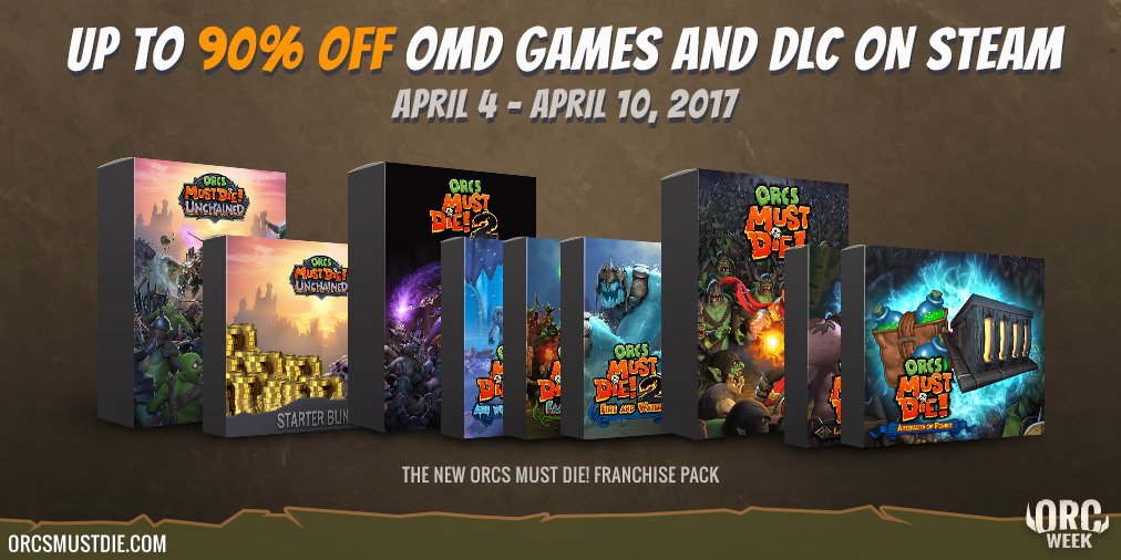 orc_week's tweet photo. This week only, pick up the entire @OrcsMustDie franchise on @Steam_Games for crazy cheap! #OrcWeek https://t.co/bfnz10rWeA