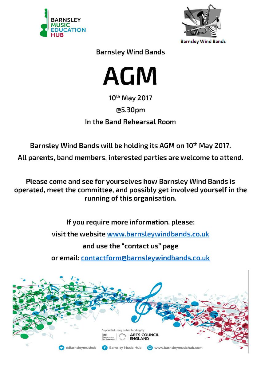 Barnsley Wind Bands Annual AGM is coming soon!
Why not attend the AGM, see how we do things, and maybe get involved!

#BarnsleyWindBands