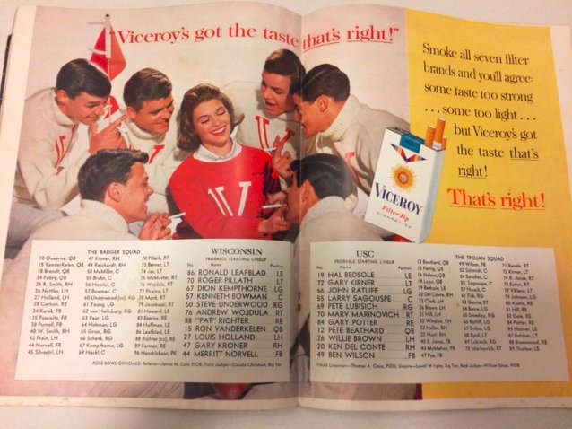 InsideUSC's tweet photo. The cheer squad enjoys Viceroy cigarettes in the 1963 Rose Bowl program #USCvsWisconsin https://t.co/0iECSdAsJt
