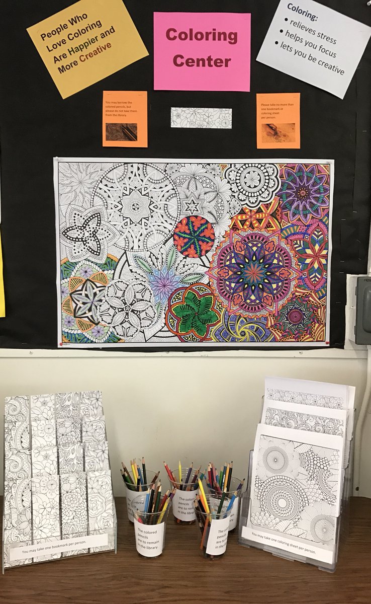 sueheraper's tweet photo. My high school library now has a #coloring center! Bookmarks were purchased from @demco. Large poster from #stuff2color #thchat https://t.co/yRm4p84jGI