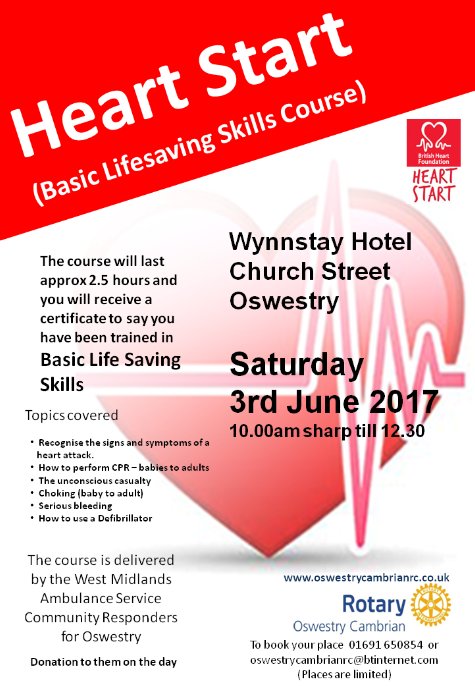 DO YOU KNOW WHERE THE DEFIBRILLATORS ARE LOCATED IN OSWESTRY?
Courses like this literally save lives. Book now. 
oswestrycambrianrc.co.uk/heartstart.html