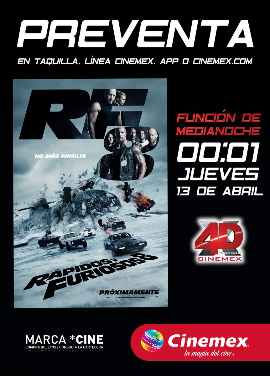 Cinemex's tweet photo. Ya está aquí la preventa de la función de media noche de #RápidosYFuriosos8 

🎬 #RF8

🚙Preventa🚗→ https://t.co/sZ1a9wqOU6 https://t.co/psOp9QuIHq