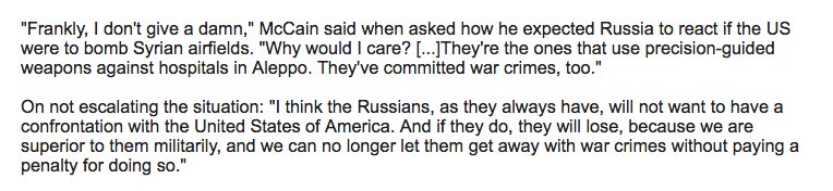 Frankly, I don't give a damn,” Sen. McCain said when asked how he expected Russia to react if the US were to bomb Syrian airfields. 