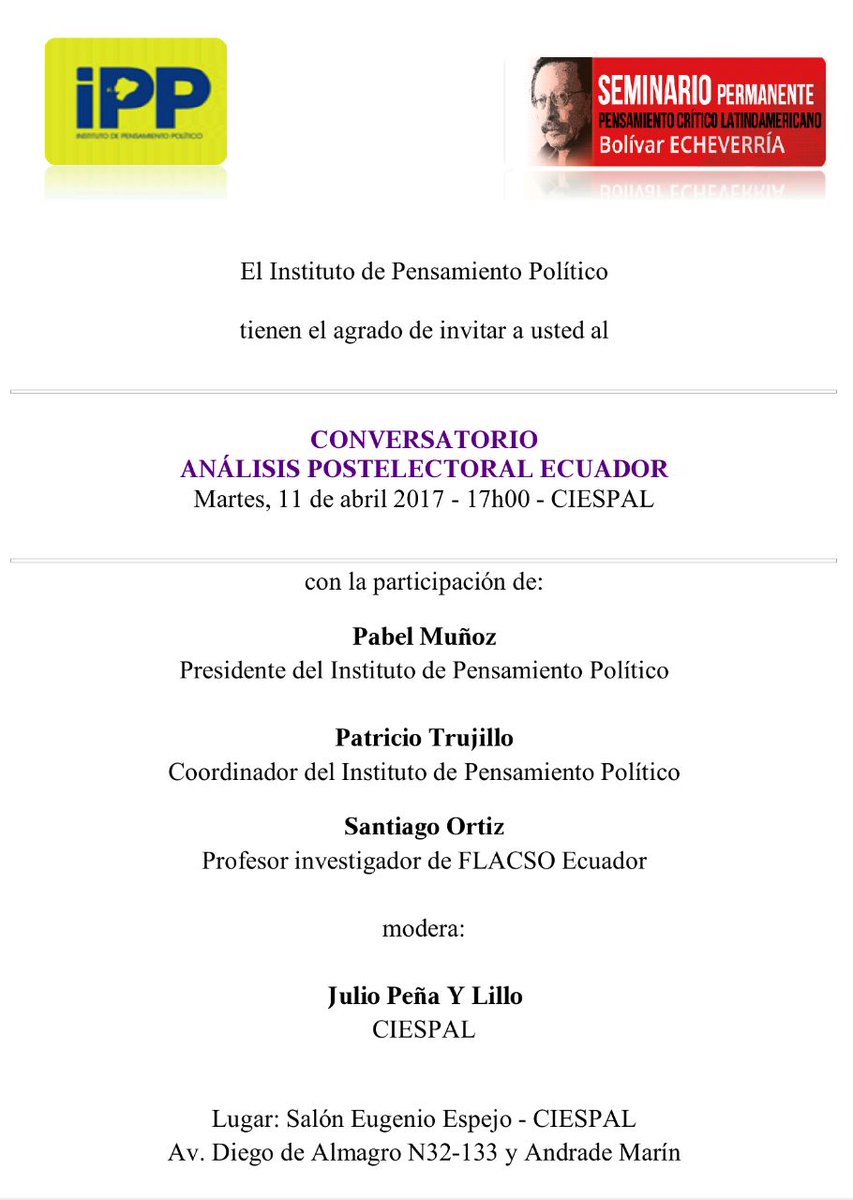 IPP_EcuadorRC's tweet image. |ANÁLISIS POSTELECTORAL: VOTO, TERRITORIO Y ESCENARIOS DE GOBERNABILIDAD|
Martes 11, 17h en @ciespal 
Organiza @IPP_35PAIS
¡Tod@s invitados!