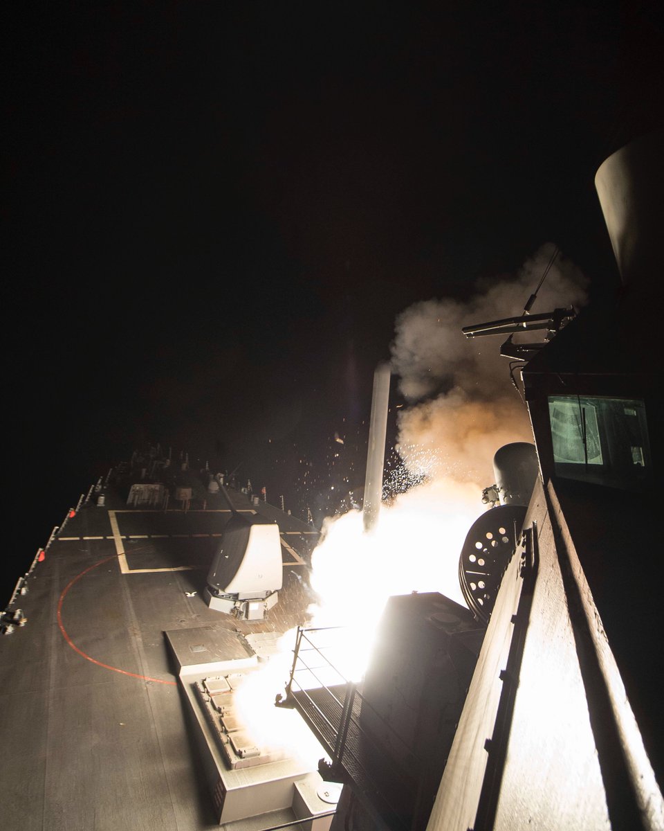 DeptofWar's tweet photo. The #USSPorter and #USSRoss fired #Tomahawk missiles into Syria in retaliation for the Assad regime using nerve agents against its people. https://t.co/Ad908k3oIe