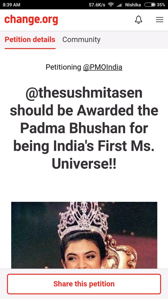 NMalkania's tweet photo. I signed petition to support #SushmitaSenDeservesPadmaBhushan ❤ Sign here https://t.co/zH0xmsxLvM https://t.co/oa7L15hOxm
