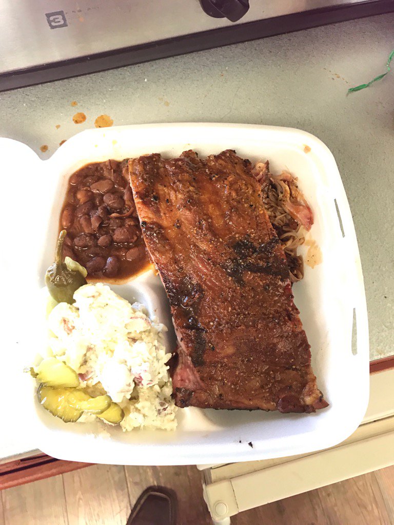 My two meat plate, pork ribs &amp; sliced brisket, with tater salad and BBQ beans. Dang right that's a jalepeño! 🐷🐂🤠🇨🇱