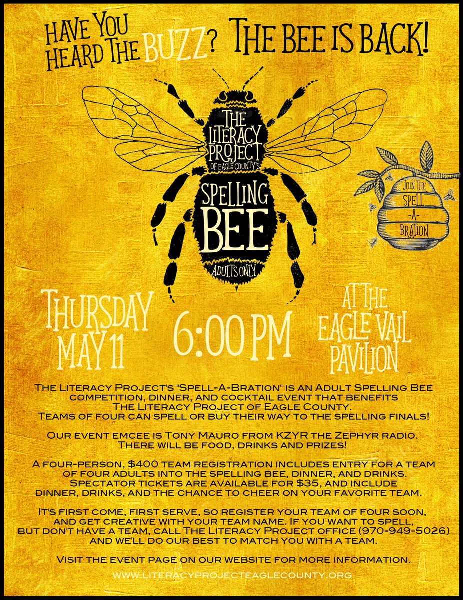 Sponsors and spellers needed.  Come and be a part of this fun event!  Email Colleen Gray at literacy@evld.org or call 970-949-5026 for info.