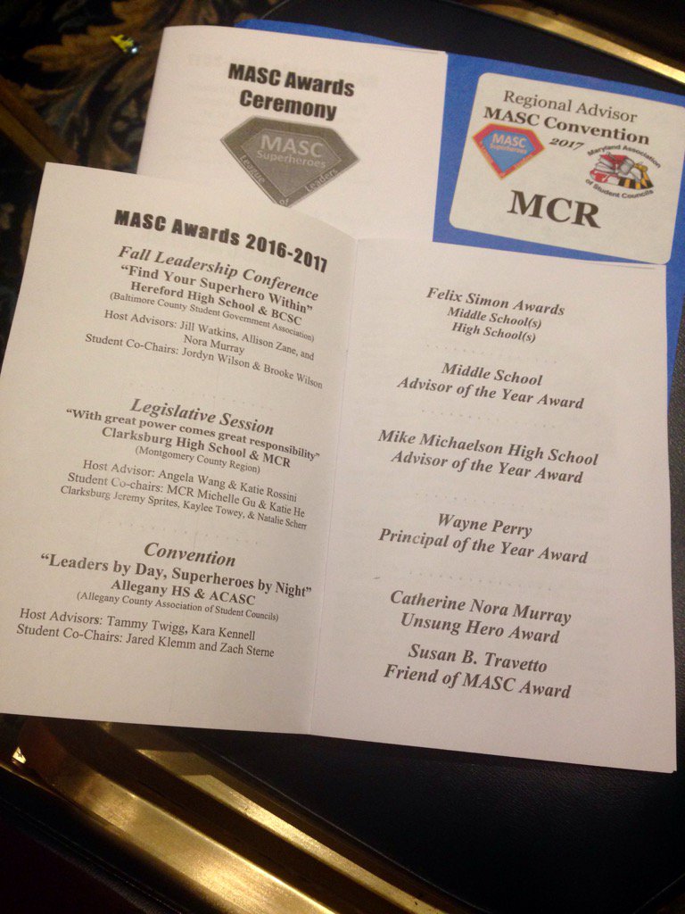 mcpsslu's tweet photo. Ready to start the #MASCConv17 Awards Ceremony. @MCRSGA & @Clarksburg_SGA being recognized. @natt_sure @KatieHe12 https://t.co/A54rW59gE5