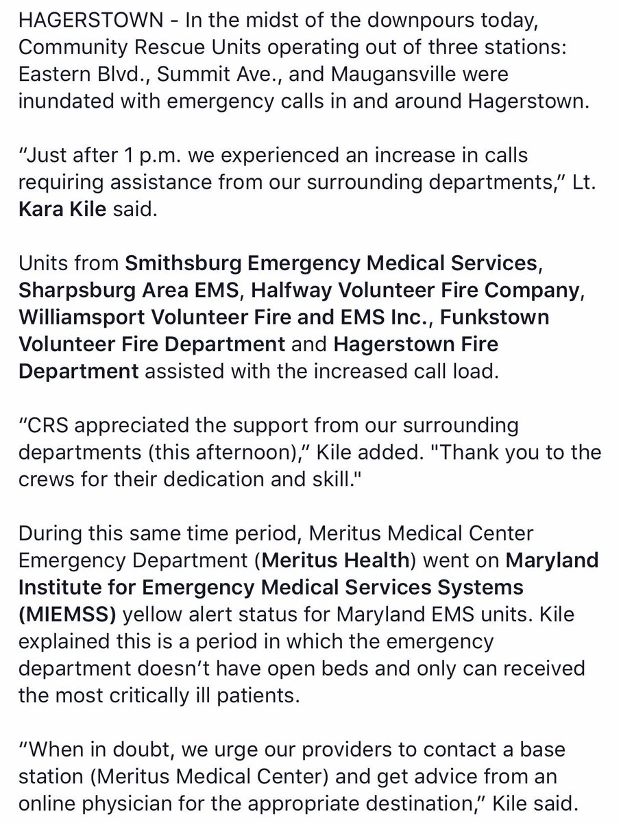 crs_75's tweet photo. Temporarily inundated W/ calls this afternoon.@HFDNews @WashCoChamber @Smithsburg_EMS @VFCofHalfway @MarylandEMS @HeraldMailNews @Your4State https://t.co/e03airGz41