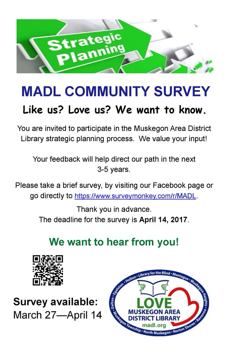 MADLtweets's tweet image. Please help us shape the future of Muskegon Area District Library by filling out a survey for our Strategic Plan: buff.ly/2p5a6AB.