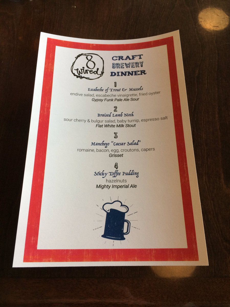 Can't wait for the <a href="/8wiredbrewing/">8 Wired Brewing</a> dinner to start at @The_BrassKens - the menu looks fantastic!