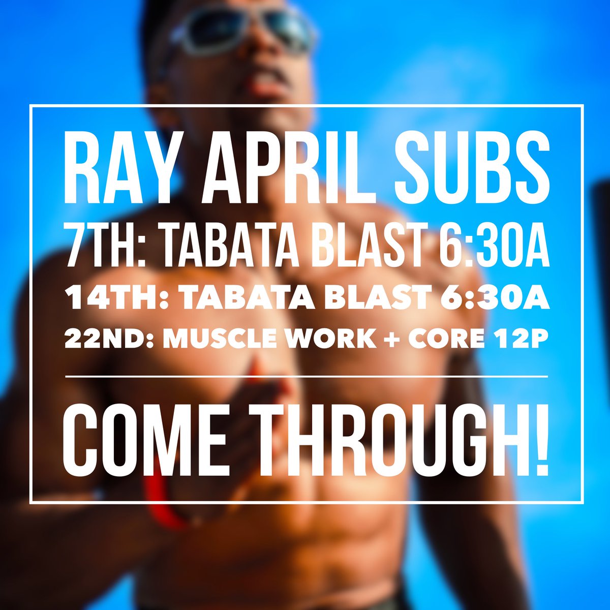 CaulHudson's tweet photo. Covering following #RayGroupFit
Tabata Blast TOMORROW 6a
Tabata Blast 4/14 6:30a
Muscle Work + Core 4/22 12-1:30p
https://t.co/bZRG9urVB3 https://t.co/Xc1iWkJT7Z
