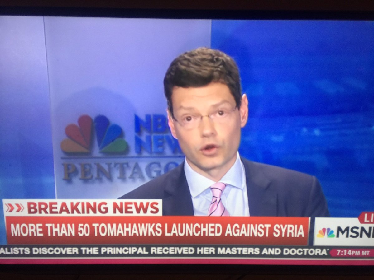 funder's tweet photo. #BREAKING: Over 50 tomahawk missiles fired off Navy ships into Syria-the missiles hit an airfield. #trumprussia #russiagate @MSNBC @maddow https://t.co/DxYQ2p8vDS