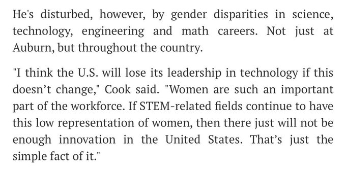 "The US will lose its leadership in tech" if gender disparity doesn't improve, @tim_cook tells @TheAUPlainsman<a href="/tag/oc3"class="tags"><span>#oc3</span></a>