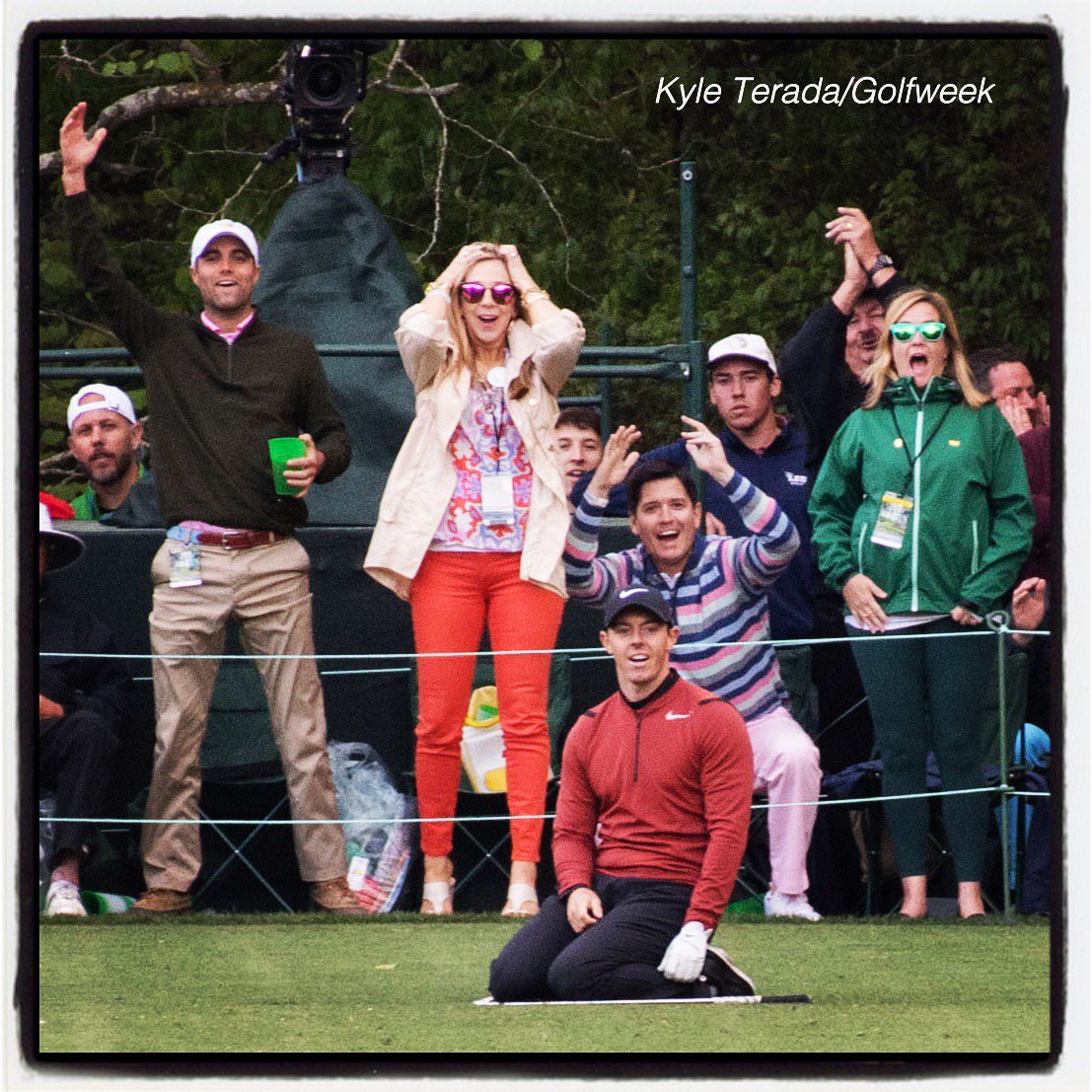 .<a href="/McIlroyRory/">Rory McIlroy</a> reacts after missing a hole-in-one during #themasters First Round