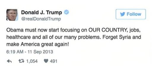 DonaldJOrwell's tweet photo. ANDDDD… here's what Donald Trump had to say about Syria when Obama was President. https://t.co/lOdsK4DTzy