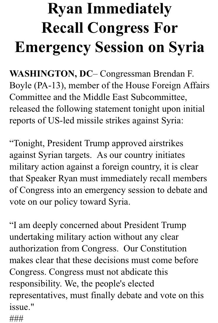 JonathanTamari's tweet photo. Philly Dem @RepBrendanBoyle - member of Foreign Affairs Cmte - says House should immediately return, vote on using force vs Syria https://t.co/qicyaYGSbF