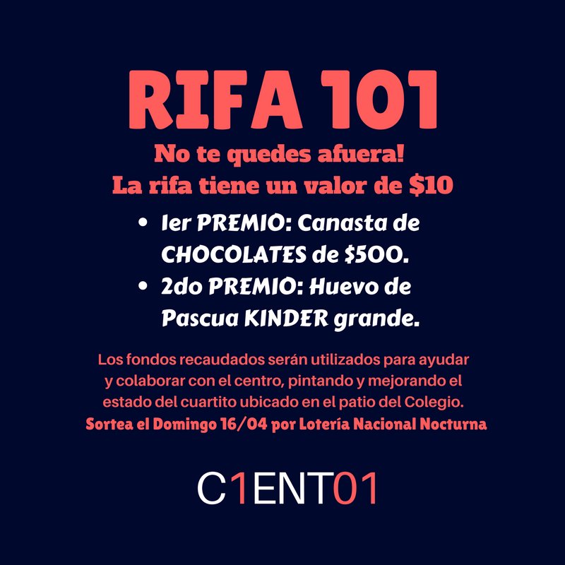 Lista101_'s tweet photo. RIFA 101! Ayudanos a comprar los materiales para pintar y arreglar el cuartito del CESup. Sortea el domingo 16/04. No te quedes afuera! https://t.co/4vgTP4C1Fz