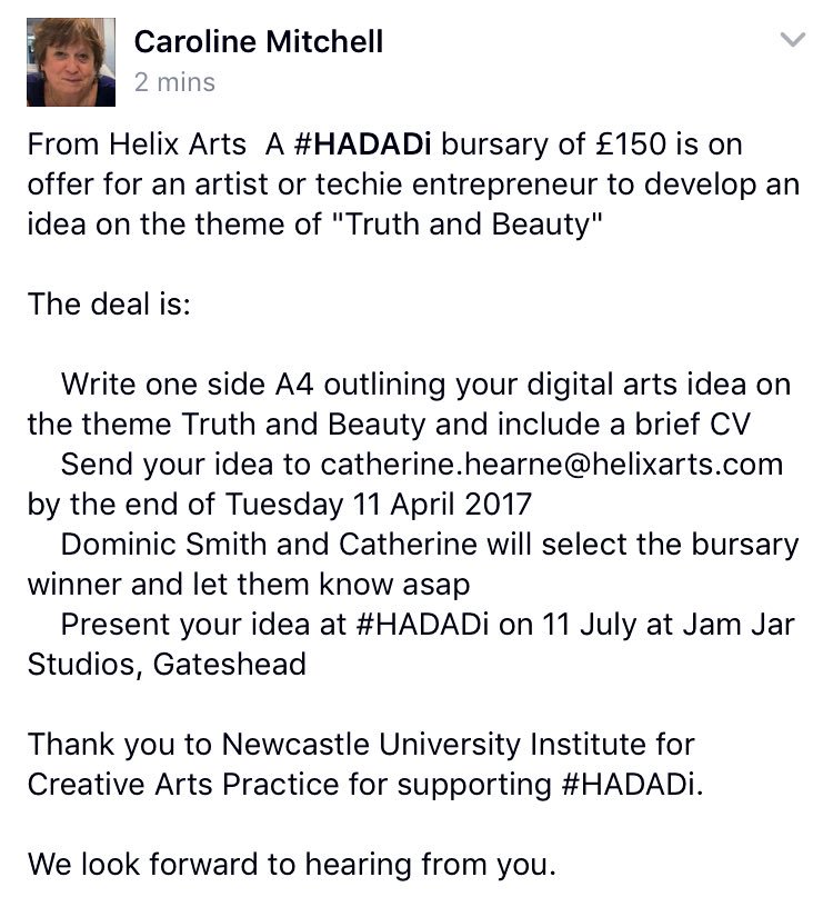 ArtWorksU's tweet photo. #HADADi bursary available for #digitalarts on "Truth and Beauty" @HelixArts https://t.co/p2Dlknl9fY