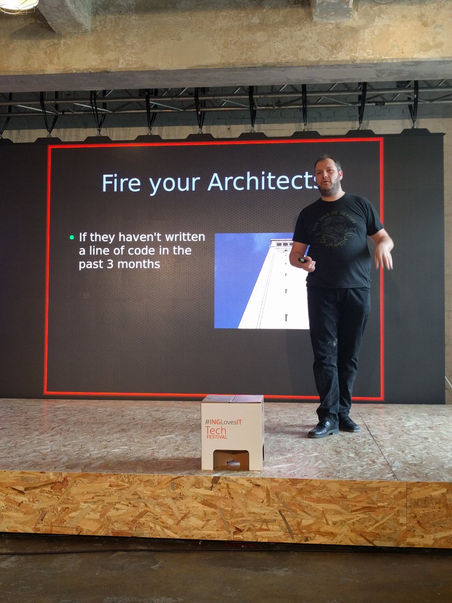 eRadical's tweet photo. Put "architects" back to work... Like writing code... #INGLovesIT #Bucharest (great slide from @KrisBuytaert) https://t.co/nC7UsZCIJx